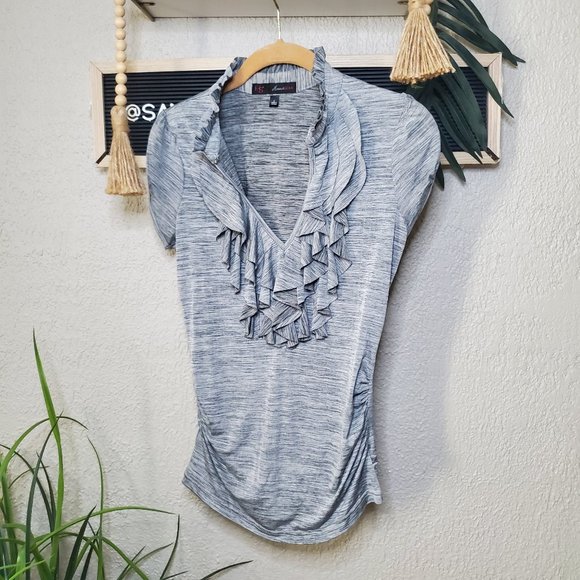 Heart Soul I Silver Grey Key Hole Blouse with Ruffles, Ruched Sides Size… - Picture 6 of 9